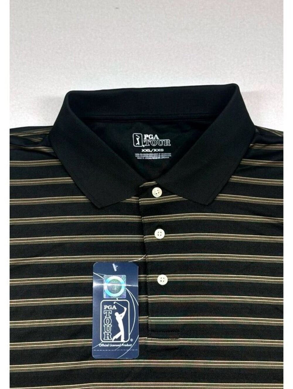 NWT PGA Tour Mens Performance Golf Polo Shirt XXL Black Gold Striped